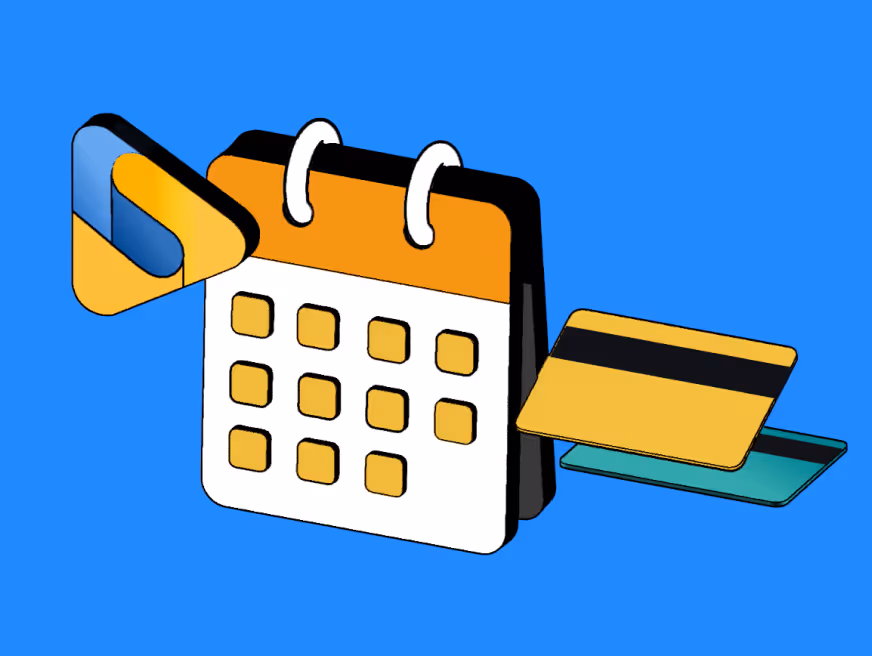 Illustration of a calendar with orange header and yellow date squares, accompanied by a credit card and a stylized multicolor play button icon on a blue background.