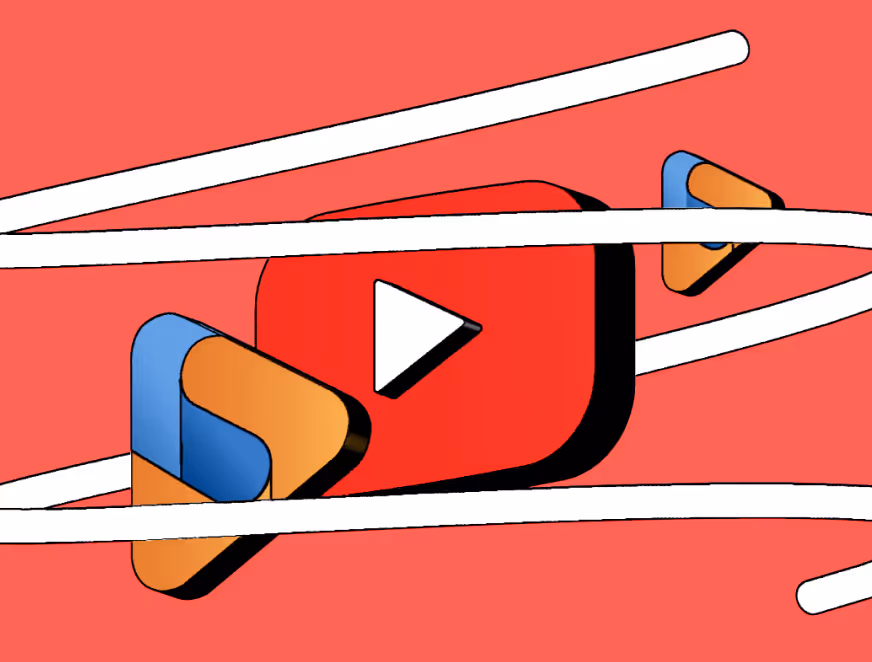 Abstract 3D shapes including a large red play button icon surrounded by orange and blue interlocking shapes on a red background with white curved lines.